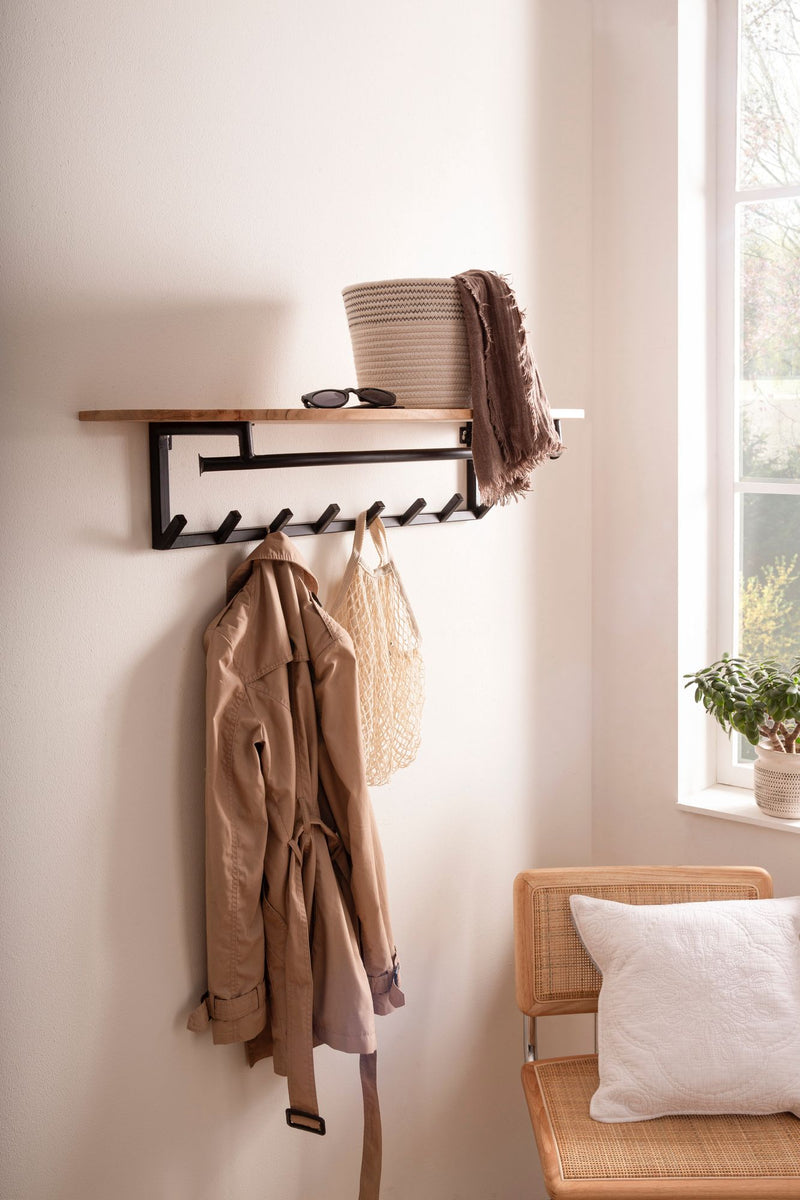 Garderobe Akazie Massivholz mit Metallrahmen Schwarz, 8 Haken & Ablage