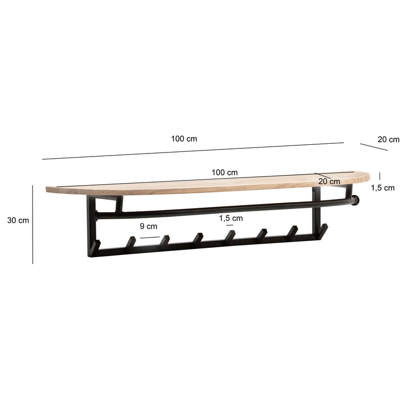 Garderobe Akazie Massivholz mit Metallrahmen Schwarz, 8 Haken & Ablage