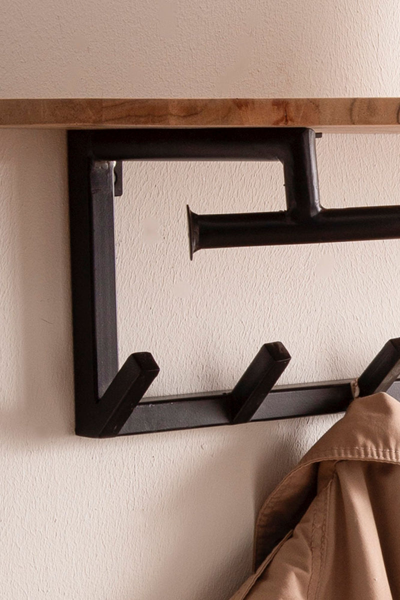Garderobe Akazie Massivholz mit Metallrahmen Schwarz, 8 Haken & Ablage