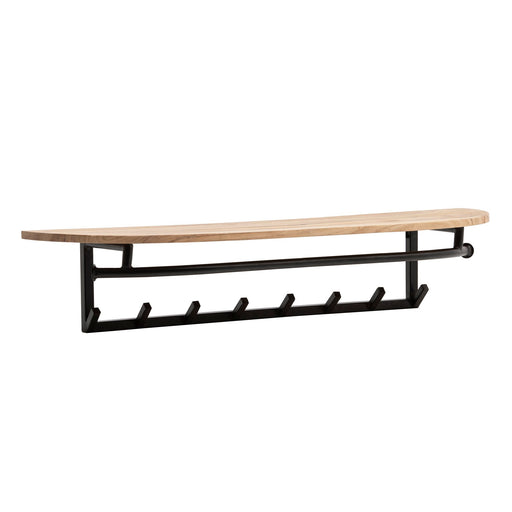 Gesamtansicht der Garderobe Akazie Massivholz mit schwarzem Metallrahmen, 8 Haken und Holzablage.