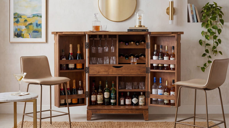 Wohnling Hausbar Sheesham Massivholz mit Weinregal, 65 cm