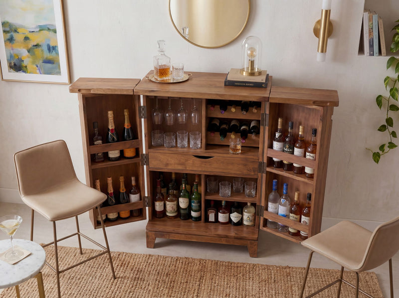 Wohnling Hausbar Sheesham Massivholz mit Weinregal, 65 cm