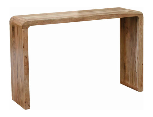 Konsolentisch Akazie Massivholz 120 cm in Gesamtansicht von vorne mit abgerundeten Kanten und massiven Holzbeinen.