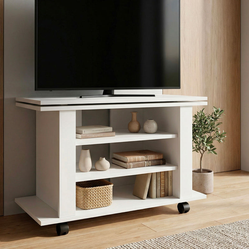 TV Lowboard Weiß 78 cm mit drehbarer Platte und Rollen von Wohnling