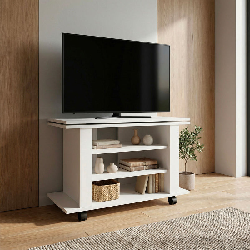 TV Lowboard Weiß 78 cm mit drehbarer Platte und Rollen von Wohnling