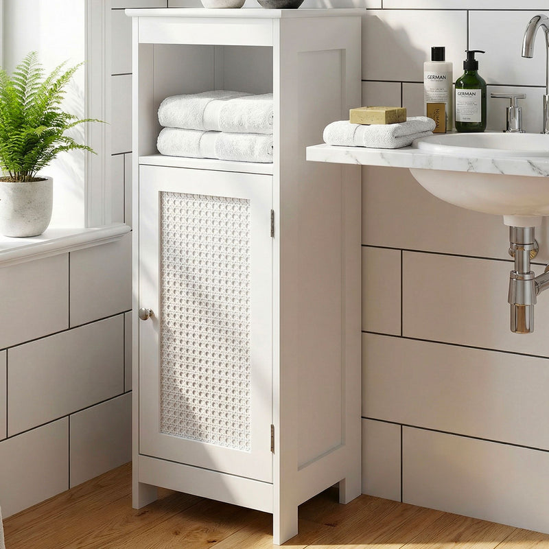 Badschrank 80x30x28 cm Weiß mit Wiener Geflecht für Bad & Flur