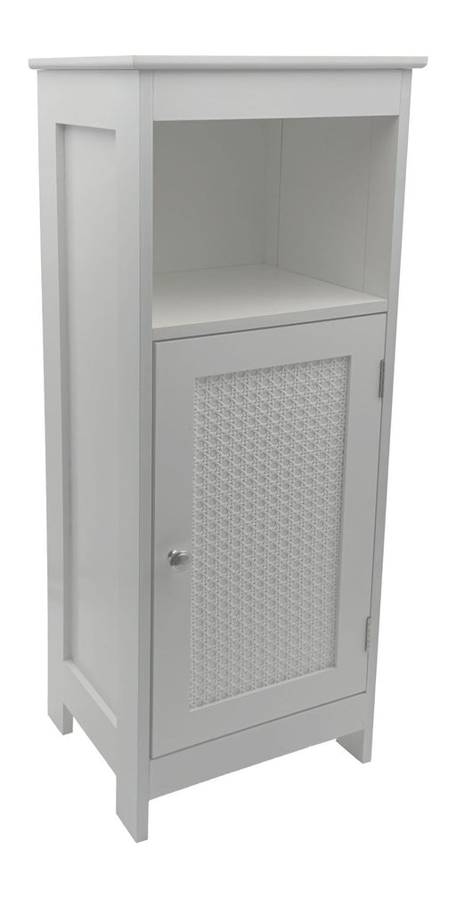 Badschrank 80x30x28 cm Weiß in Gesamtansicht mit offener Nische oben und Türschrank mit Wiener Geflecht unten.