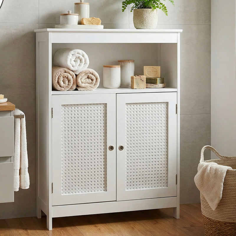 Badschrank Wohnling Weiß mit Wiener Geflecht, Türen & Ablage