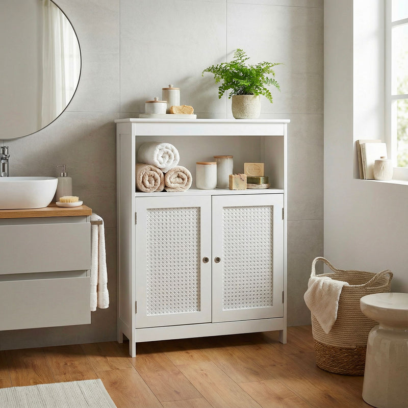 Badschrank Wohnling Weiß mit Wiener Geflecht, Türen & Ablage