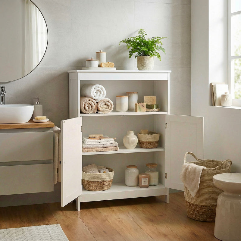 Badschrank Wohnling Weiß mit Wiener Geflecht, Türen & Ablage