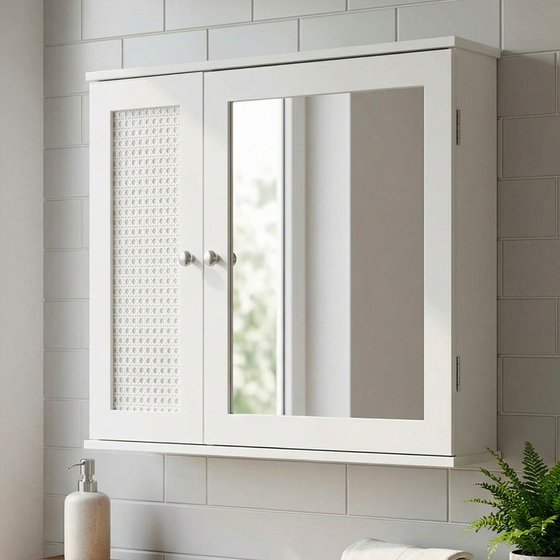 Wohnling Badschrank Spiegelschrank Weiß 60 cm mit Wiener Geflecht