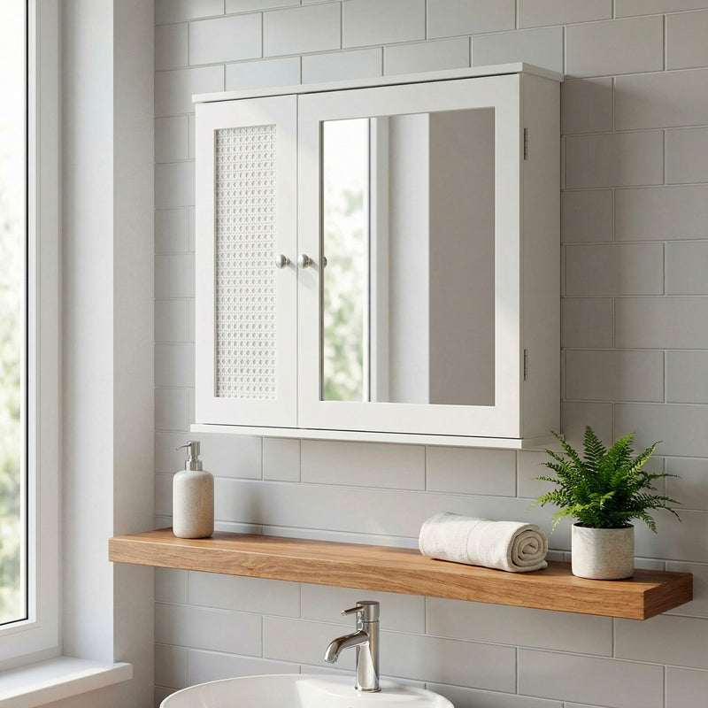 Wohnling Badschrank Spiegelschrank Weiß 60 cm mit Wiener Geflecht