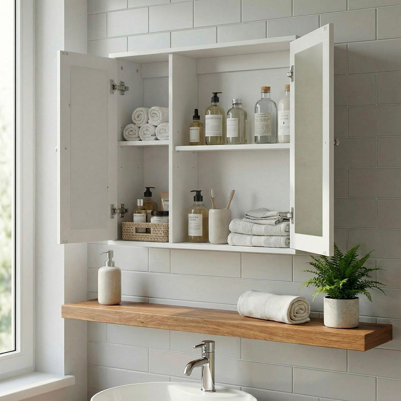 Wohnling Badschrank Spiegelschrank Weiß 60 cm mit Wiener Geflecht
