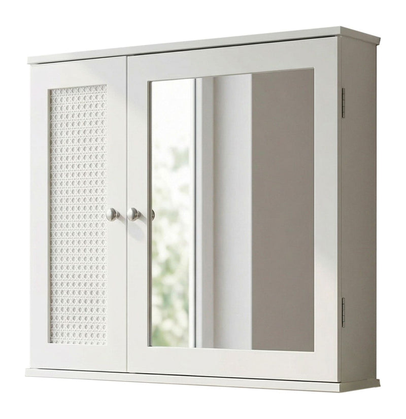 Wohnling Badschrank Spiegelschrank Weiß 60 cm mit Wiener Geflecht