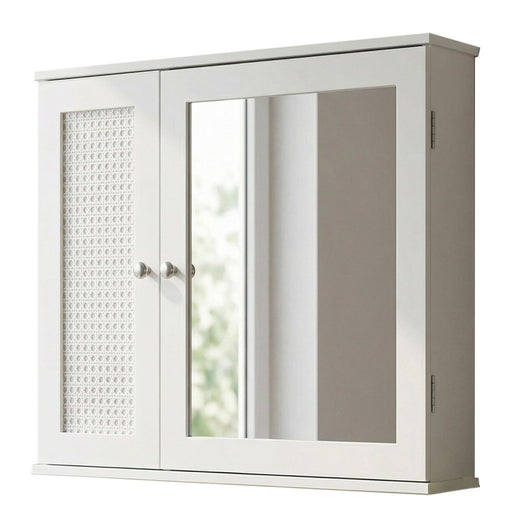 Wohnling Badschrank Spiegelschrank Weiß 60 cm mit Wiener Geflecht in Gesamtansicht mit verspiegelter Mitteltür.