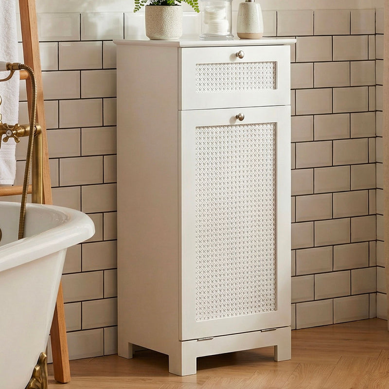 Badschrank Wäscheschrank Weiß mit Wiener Geflecht, Klapptür &