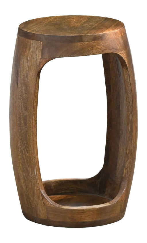 Beistelltisch Mango Massivholz rund 30 cm mit durchbrochener Seitenwandung und Ablagefach in Gesamtansicht.