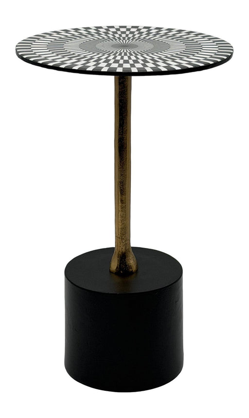 Beistelltisch Op-Art 49cm mit schwarz-weißer Schachbrettmuster-Tischplatte und dunkelgrauem Metallsockel in Gesamtansicht.