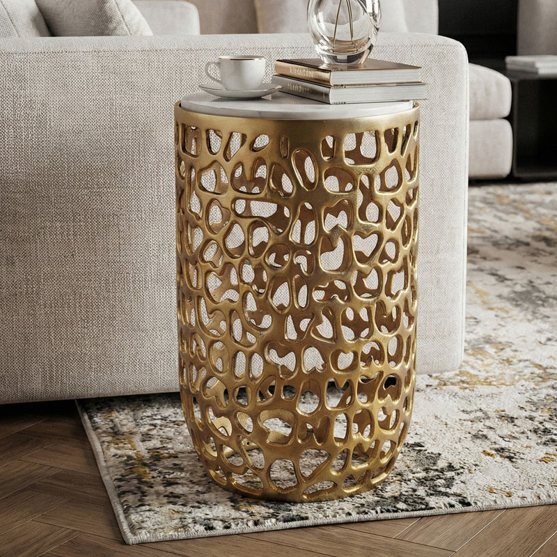 Wohnling Beistelltisch rund aus Marmor und Aluminium in Gold, 30 cm