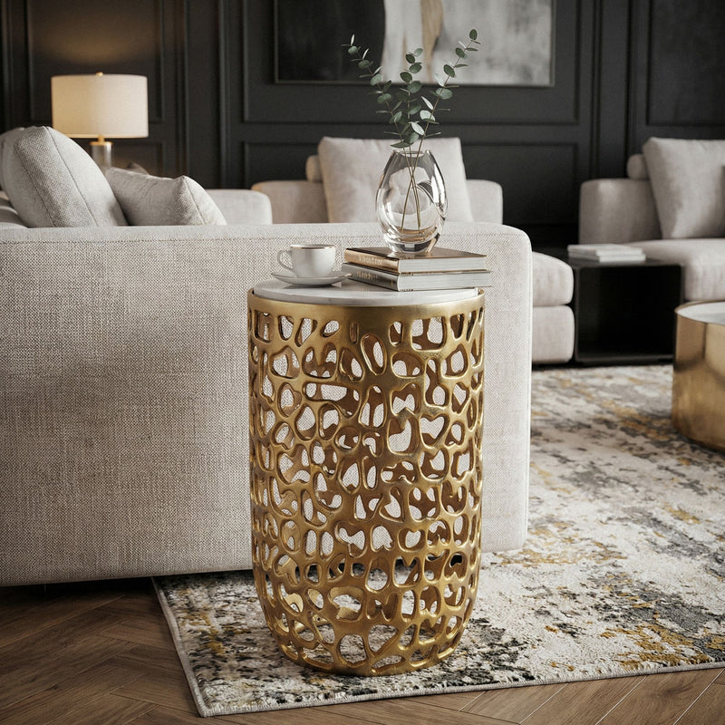 Wohnling Beistelltisch rund aus Marmor und Aluminium in Gold, 30 cm