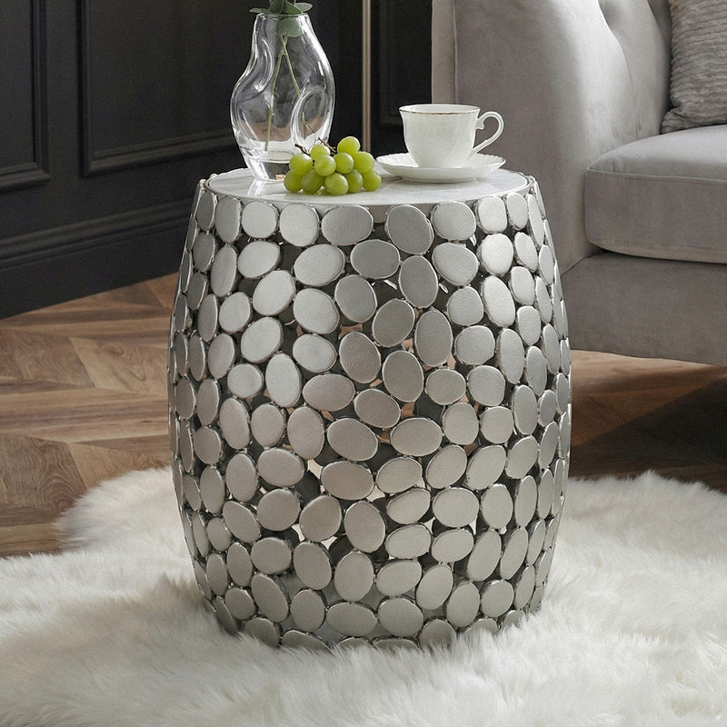 Beistelltisch Wohnling rund 40 cm mit Marmorplatte & Aluminium Silber