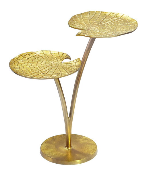 Beistelltisch Seerosenblatt Gold mit zwei blattförmigen Aluminiumplatten und runder Standfläche in Gesamtansicht.