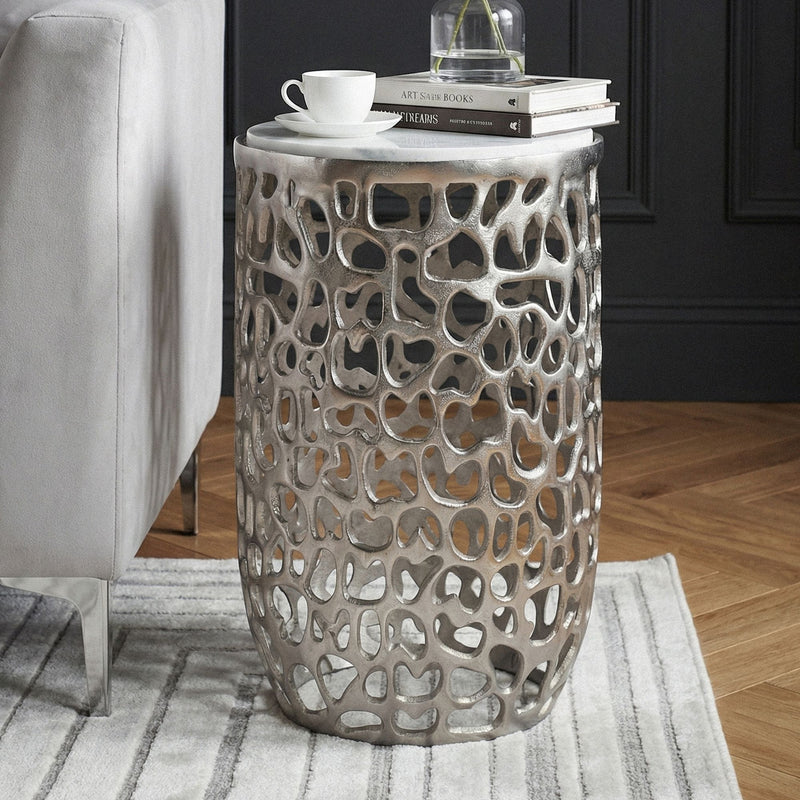 Beistelltisch Aluminium & Marmor rund 30 cm, Silber von Wohnling