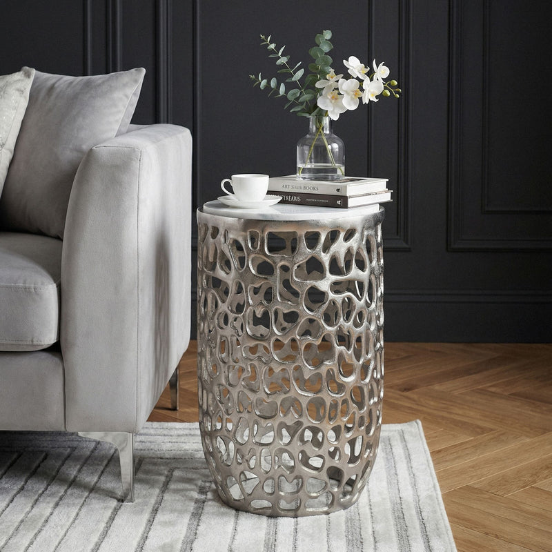 Beistelltisch Aluminium & Marmor rund 30 cm, Silber von Wohnling