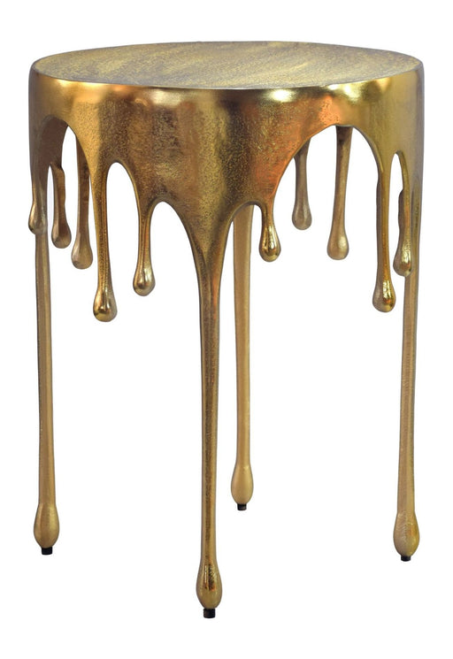 Runder Beistelltisch Gold mit glänzender goldfarbener Aluminium-Oberfläche und Tropfen-Elementen.