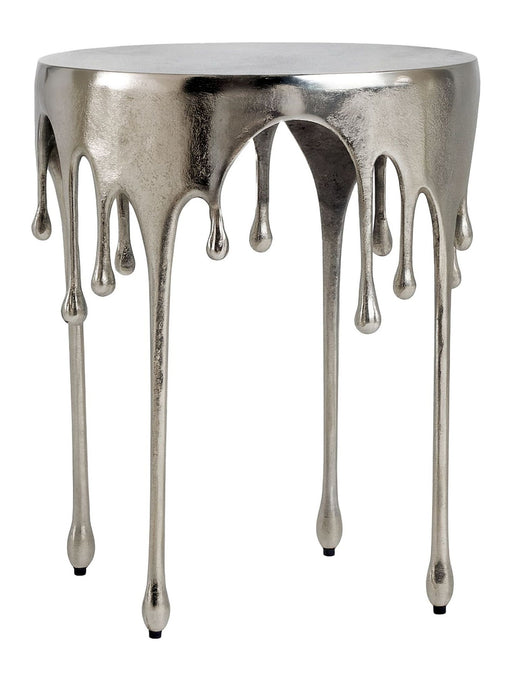 Beistelltisch Silber mit Tropfen-Design aus Aluminium, runde Tischplatte mit herabhängenden Tropfenelementen.