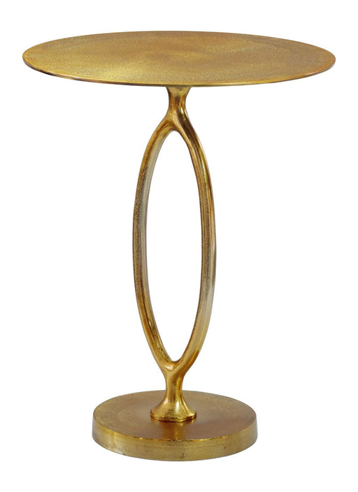 Runder Beistelltisch Aluminium Gold mit goldener Tischplatte und geschwungener Mittelstütze, Gesamtansicht.