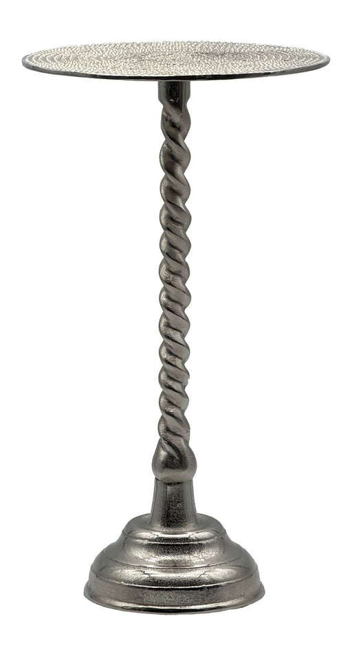 Beistelltisch Aluminium 28cm Silbern mit gedrehtem Ständer und strukturierter runder Tischplatte, Gesamtansicht.