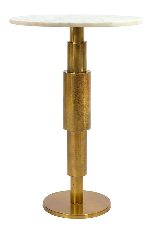 Beistelltisch Marmor Rund Weiß mit cremeweiße Marmorplatte und goldenem Aluminiumgestell in Gesamtansicht.