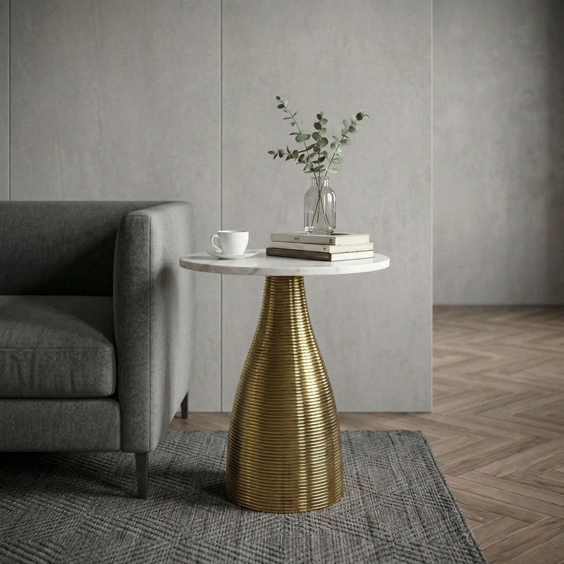 Beistelltisch Marmor Weiß mit goldenem Metallgestell, Ø40 cm