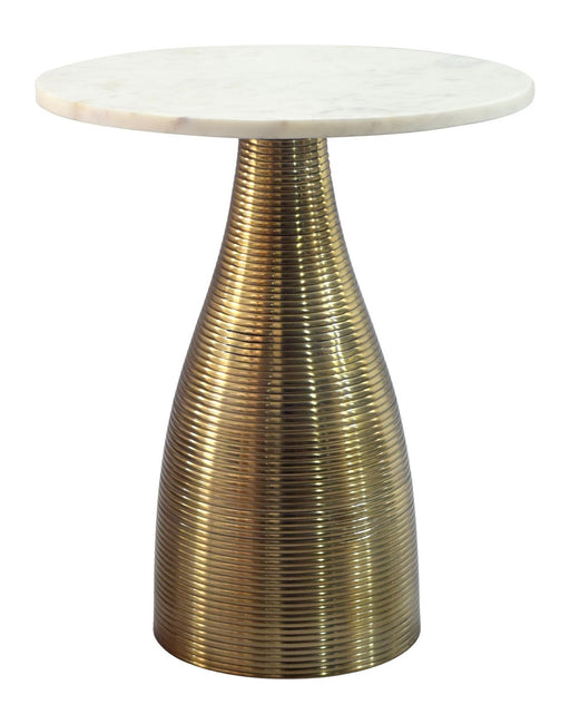 Beistelltisch Marmor Weiß mit goldenem Metallgestell in Gesamtansicht von vorne.