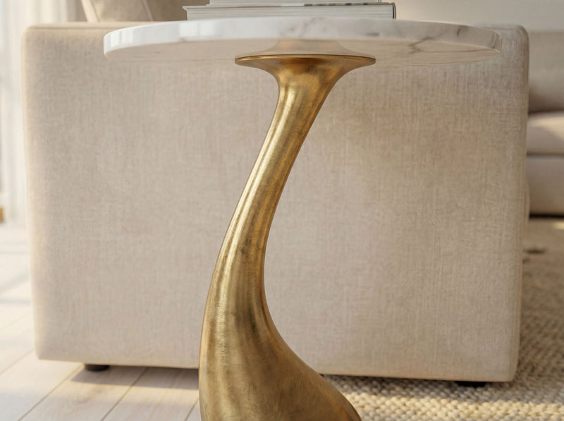 Beistelltisch Gold mit Marmor-Tischplatte, rund 45 cm, Wohnling