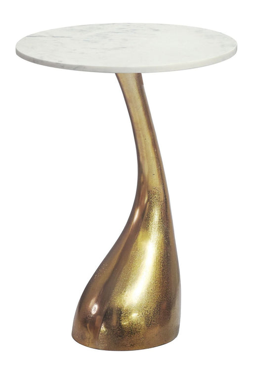 Beistelltisch Gold mit runder weißer Marmor-Tischplatte und geschwungenem Aluminiumgestell, Gesamtansicht.