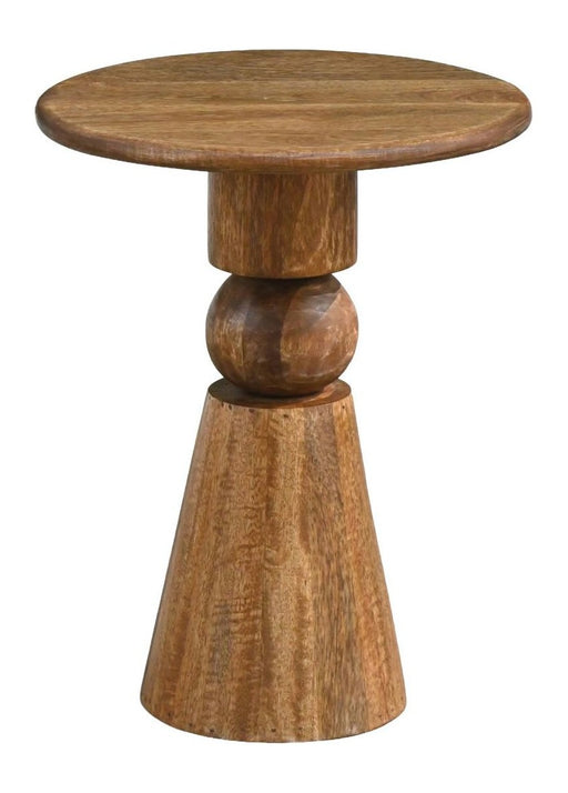 Gesamtansicht des Beistelltischs Mango Massivholz 35 cm mit runder Tischplatte und geschwungener Säulenbasis aus Holz.