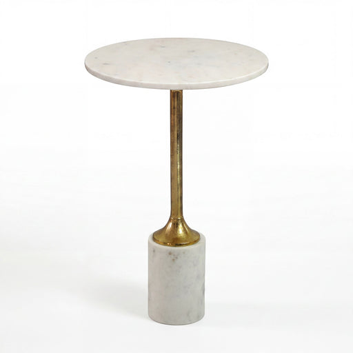 Beistelltisch Marmor Weiß mit goldener Säule, Gesamtansicht mit runder weißer Marmorplatte.