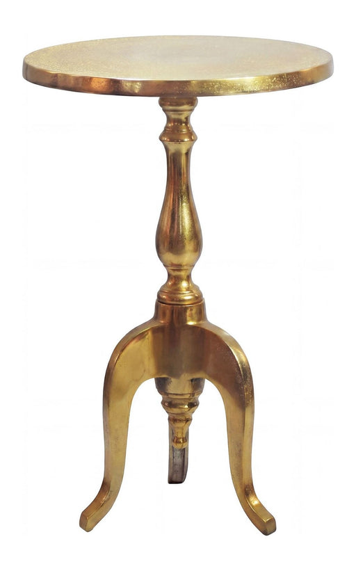 Beistelltisch Aluminium Gold mit runder Tischplatte und dreibeinigem Ständer in Gesamtansicht.