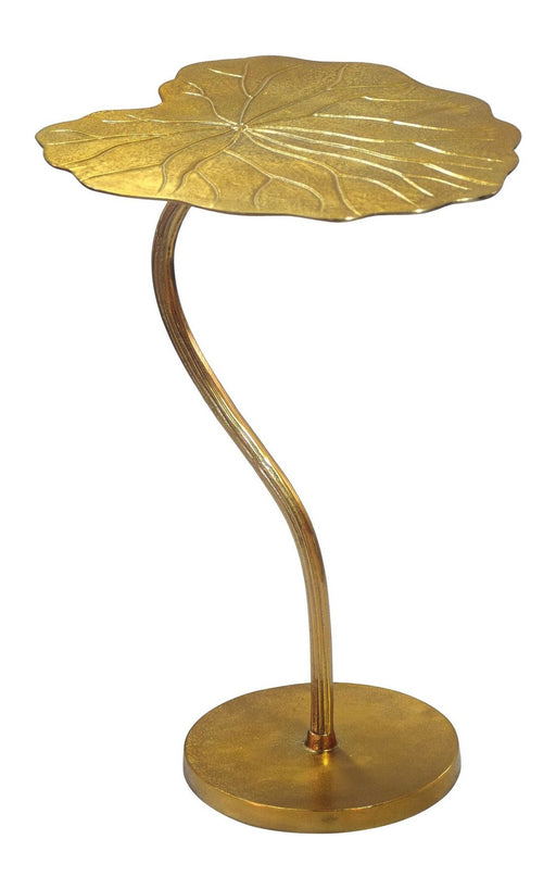Beistelltisch Blatt-Design Gold 40x38 cm in Gesamtansicht mit blattförmiger Aluminiumplatte und geschwungenem Ständer.