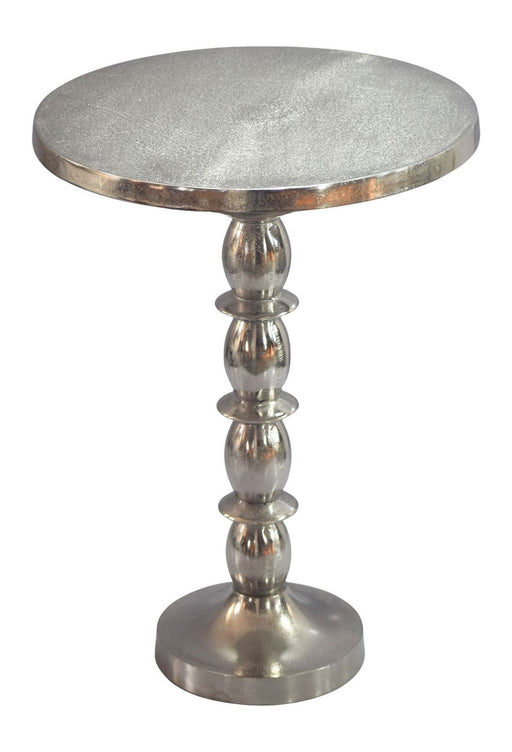 Beistelltisch Silber 40cm mit runder Aluminium-Tischplatte und gedrechseltem Mittelfuß, Gesamtansicht.