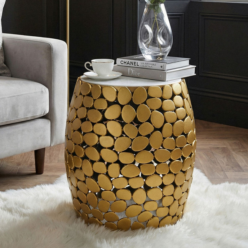 Beistelltisch rund 40 cm Aluminium Gold mit Marmor-Tischplatte Weiß