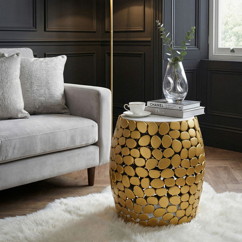 Beistelltisch rund 40 cm Aluminium Gold mit Marmor-Tischplatte Weiß