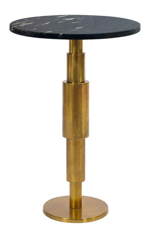 Wohnling Beistelltisch Marmor rund in Schwarz mit goldener Aluminium-Säule und runder Basis, Gesamtansicht.