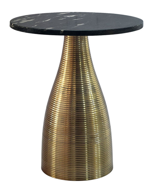 Beistelltisch Rund 40 cm Gold mit schwarzer Marmorplatte und konischem Metallgestell, Gesamtansicht.