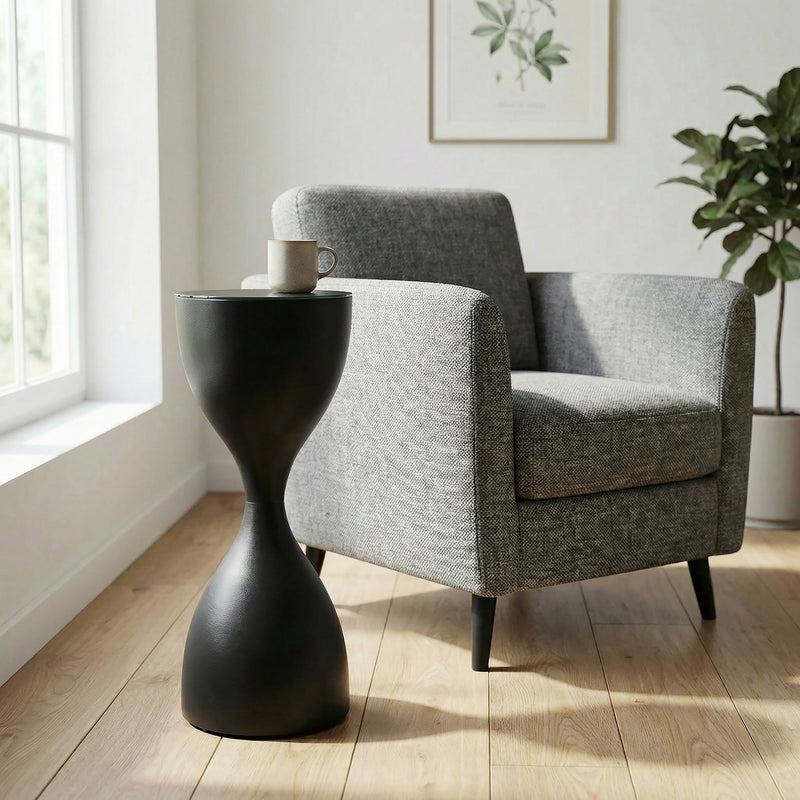 Beistelltisch Schwarz Rund im Sanduhr-Design aus Metall und Glas