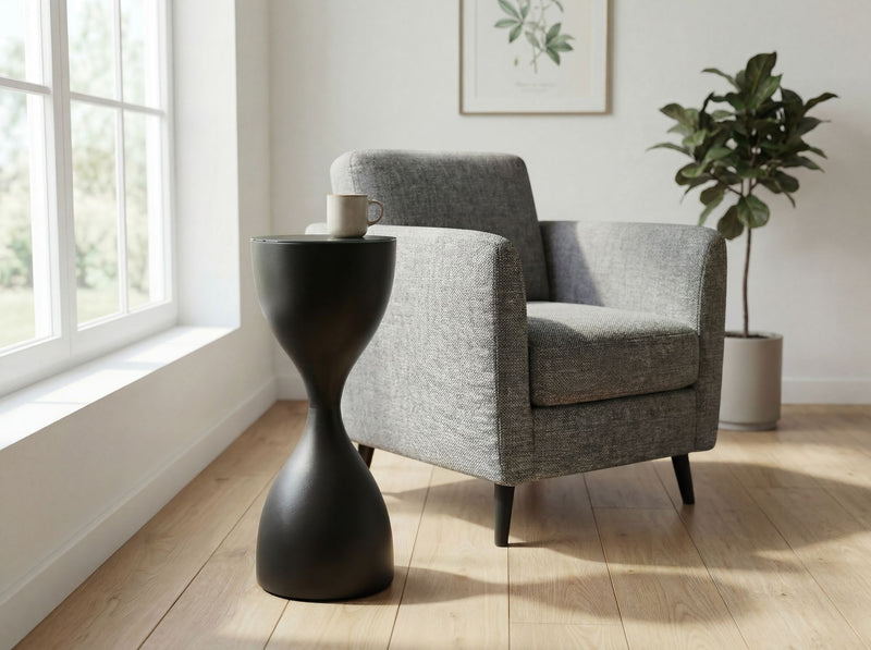 Beistelltisch Schwarz Rund im Sanduhr-Design aus Metall und Glas