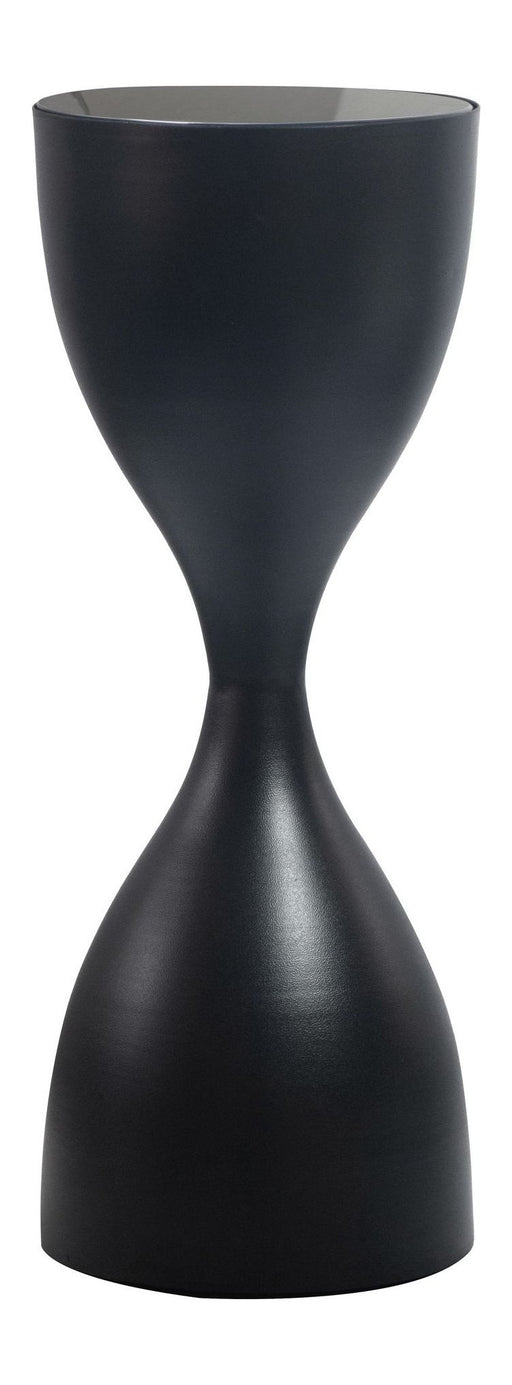 Beistelltisch Schwarz Rund im Sanduhr-Design aus Metall und Glas, Gesamtansicht von vorne.