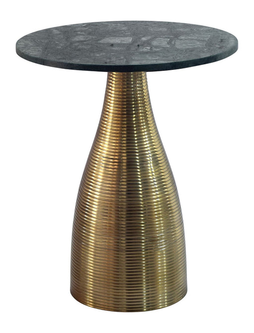 Beistelltisch Rund Ø40 cm aus Marmor Grün mit goldenem Metallgestell, Gesamtansicht von vorne.